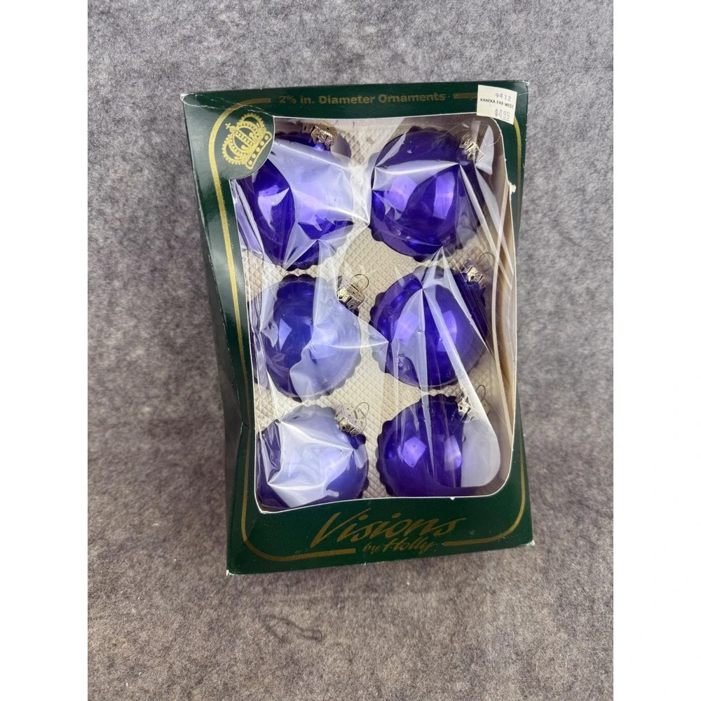 Visions by Holly Cobalt Blue Glass Christmas Ornaments Scalloped Set of 6 2.6in